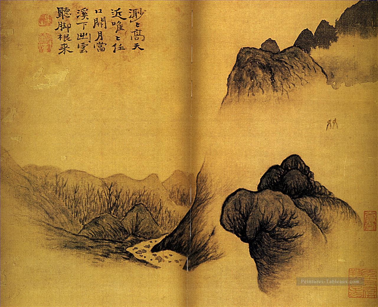 Shitao deux amis au clair de lune 1695 encre de Chine ancienne Peintures à l'huile